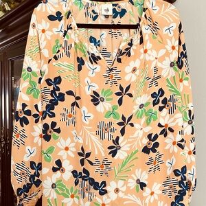 CAbi Cream and Blue Graphic Long Sleeve Blouse